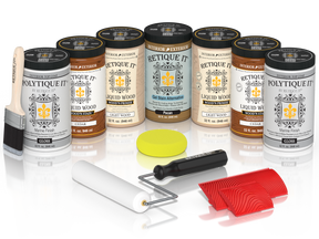 Retique It Cedar Wood'n Kit with Gloss PolyTique It top coat, featuring Cedar Liquid Wood stain, Light Wood primer, Pecan Gel Stain Alternative, paint brush, white roller, yellow sponge, and red graining tools.