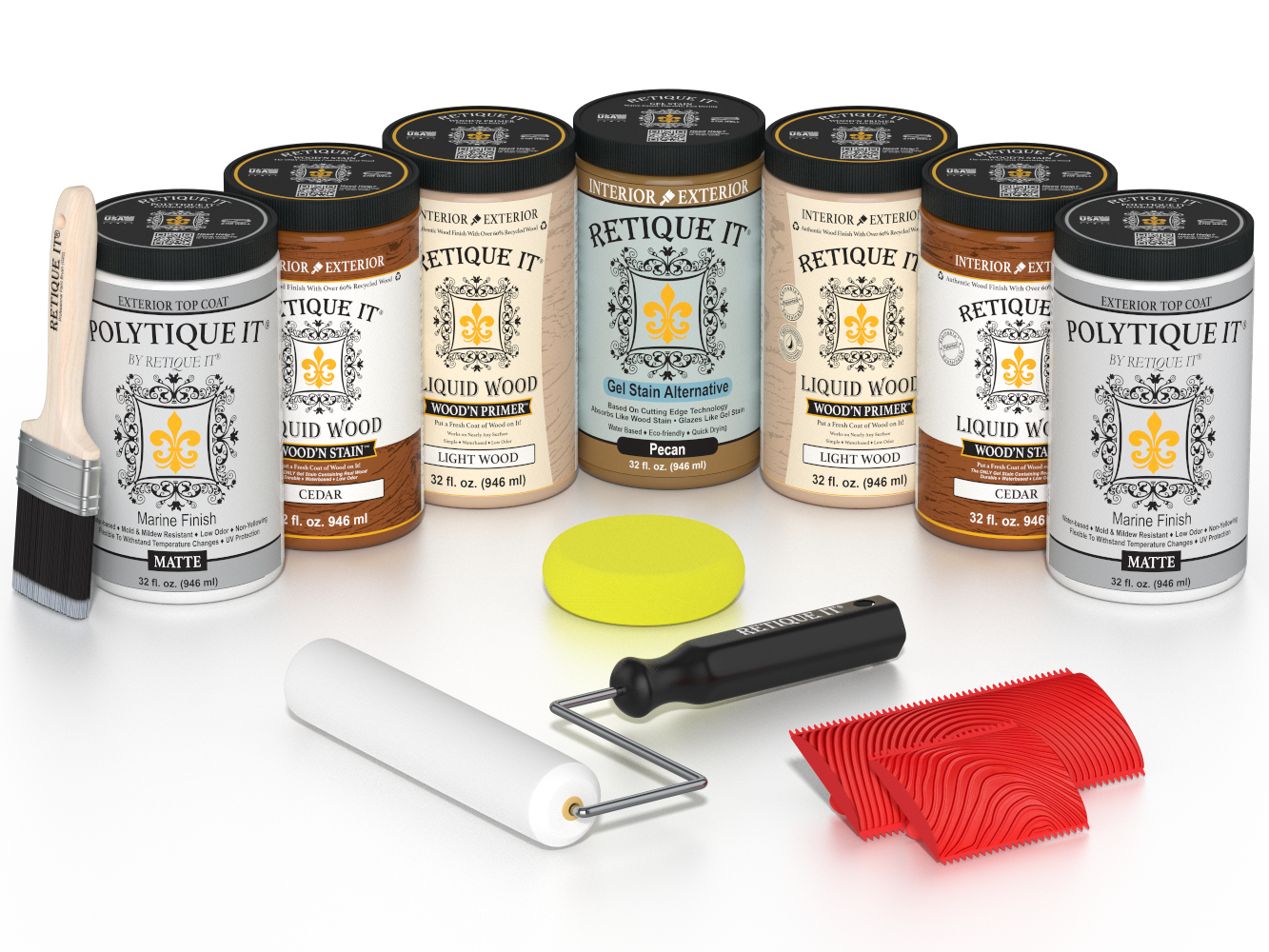 Retique It Cedar Wood'n Kit with Matte PolyTique It top coat, featuring Cedar Liquid Wood stain, Light Wood primer, Pecan Gel Stain Alternative, paint brush, white roller, yellow sponge, and red graining tools.