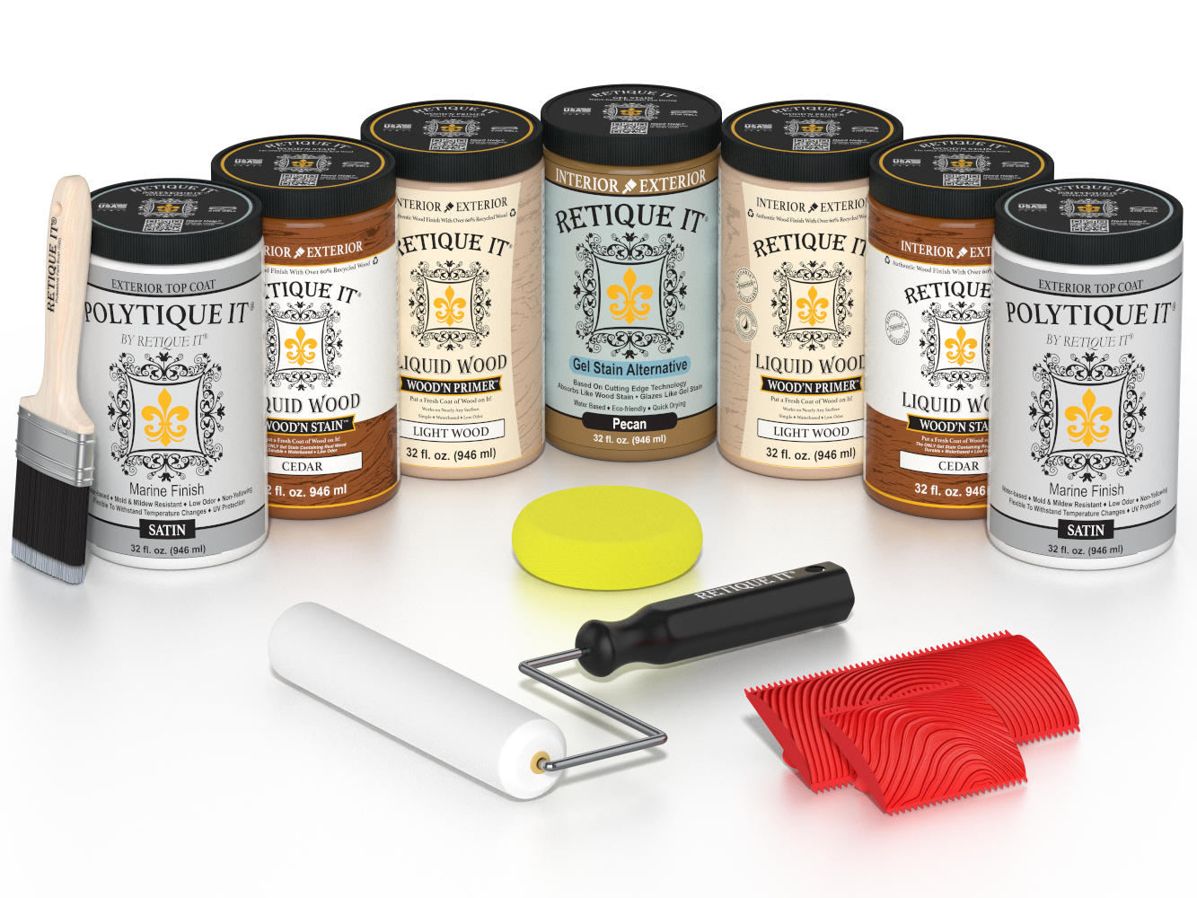 Retique It Cedar Wood'n Kit with Satin PolyTique It top coat, featuring Cedar Liquid Wood stain, Light Wood primer, Pecan Gel Stain Alternative, paint brush, white roller, yellow sponge, and red graining tools.