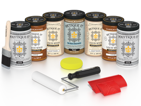 Retique It Cedar Wood'n Kit with Satin PolyTique It top coat, featuring Cedar Liquid Wood stain, Light Wood primer, Pecan Gel Stain Alternative, paint brush, white roller, yellow sponge, and red graining tools.