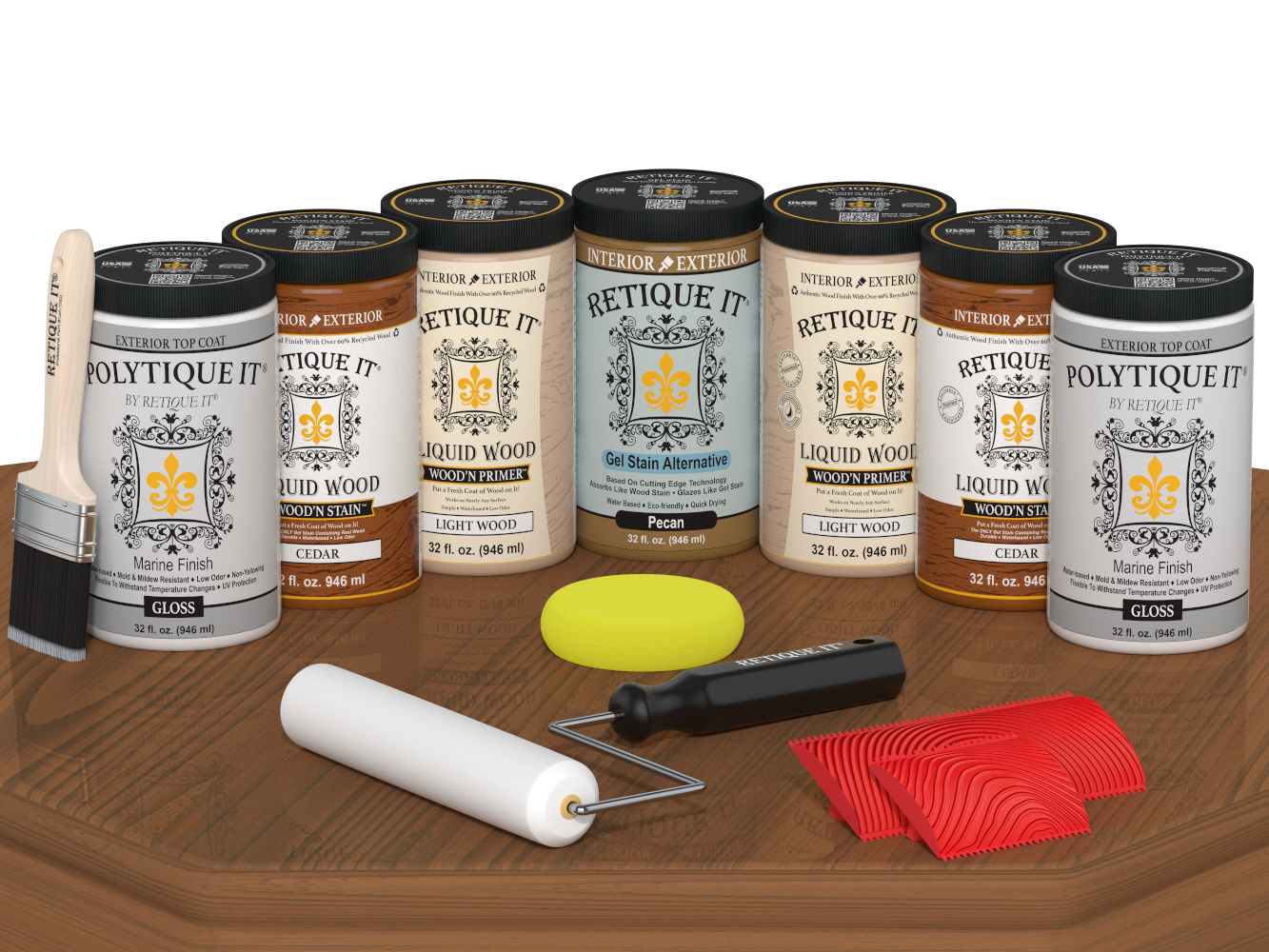 Retique It Wood'n Door Kit cedar stain for front and garage doors, showing glossy finish on a wooden door sample.