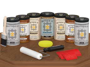 Retique It Wood'n Door Kit cedar stain for front and garage doors, showing glossy finish on a wooden door sample.