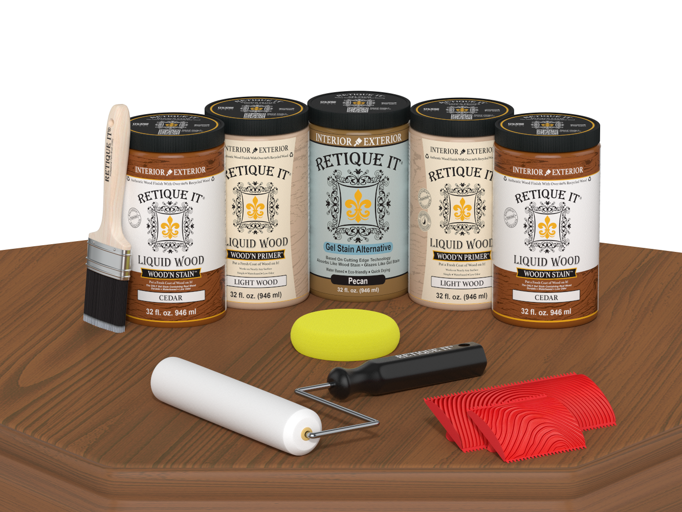 Retique It Cedar Wood'n Kit featuring Cedar Liquid Wood stain, Light Wood primer, Pecan Gel Stain Alternative, paint brush, white roller, yellow sponge, and red graining tools displayed on a wood tabletop.