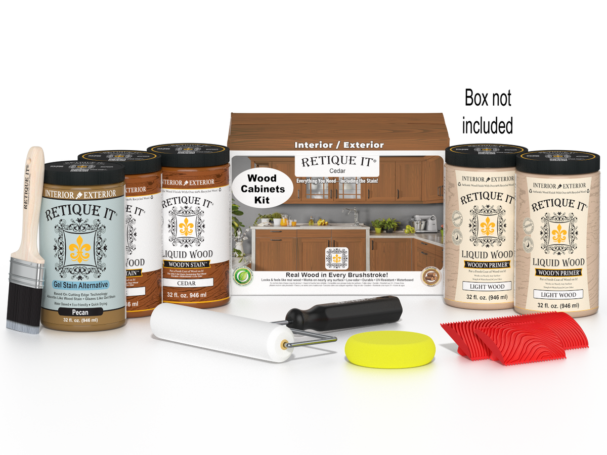 Retique It Wood'n Cabinet Kit with 24 cedar-grained doors and stains, shown in a box with cabinet door details.