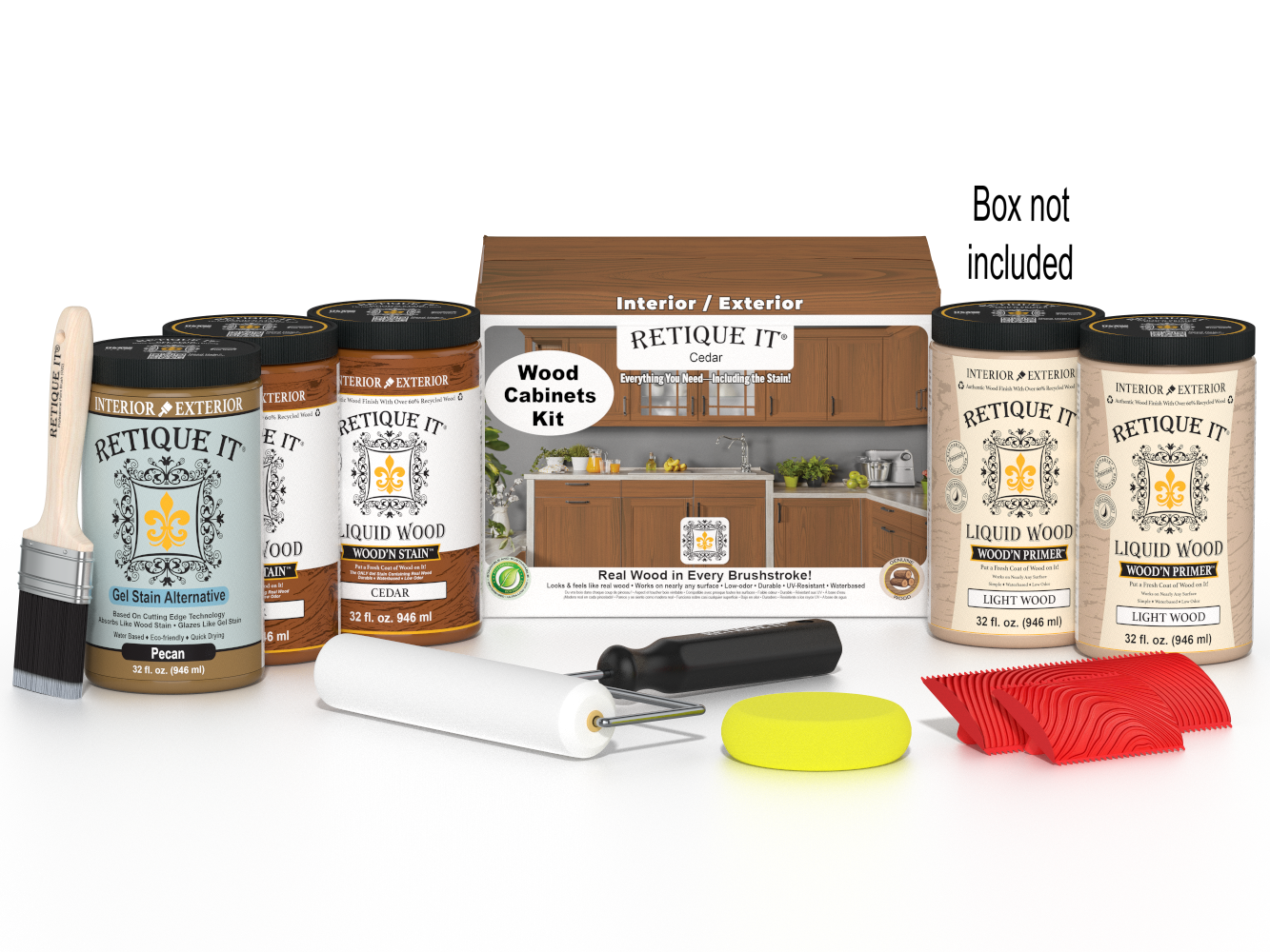 Retique It Wood'n Cabinet Kit with 24 cedar-grained doors and stains, shown in a box with cabinet door details.