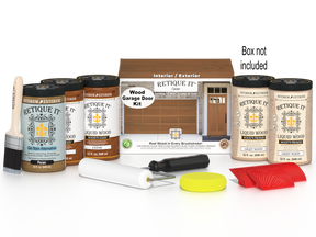 Retique It Cedar Wood Garage Door Kit featuring Cedar Liquid Wood stain, Light Wood primer, Pecan Gel Stain Alternative, paint brush, white roller, yellow sponge, red graining tools, and product box.