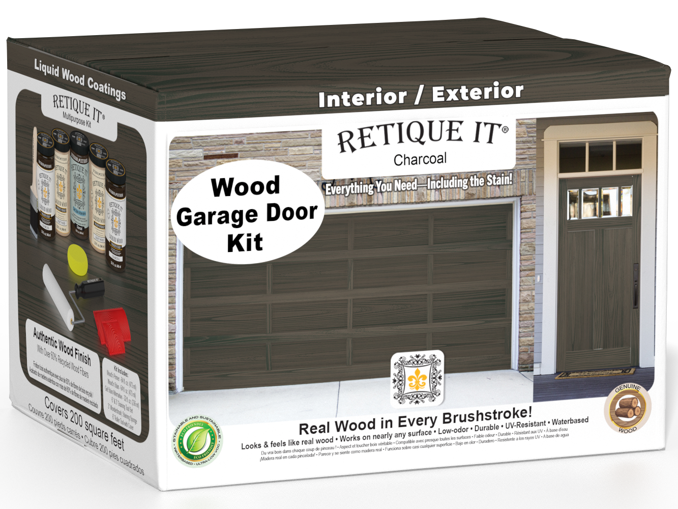 Retique It Charcoal Wood Garage Door Kit box featuring garage door and entry door wood finish transformation.