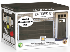 Retique It Charcoal Wood Garage Door Kit box featuring garage door and entry door wood finish transformation.