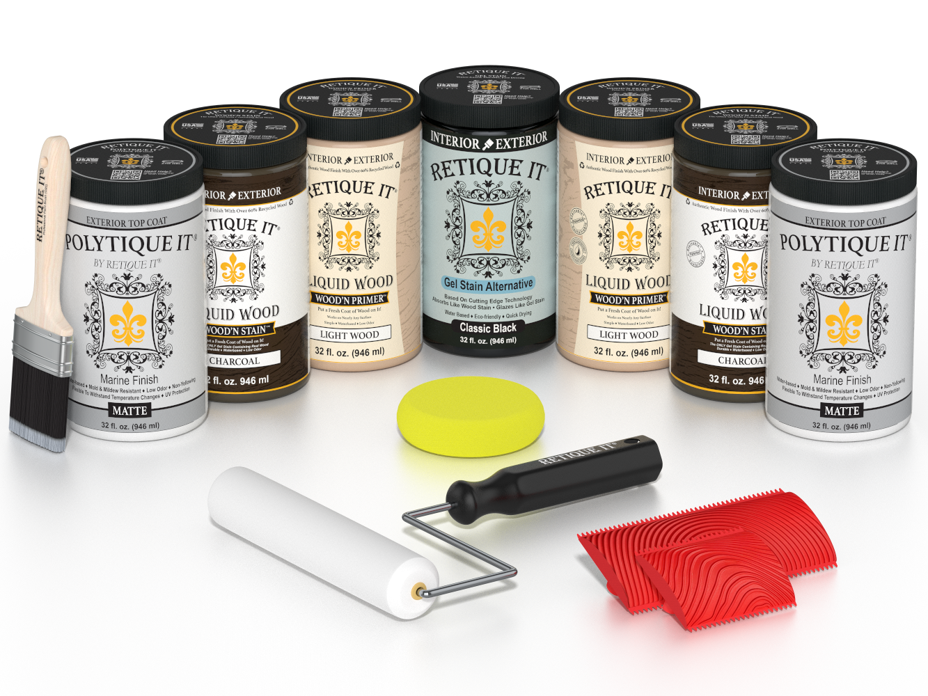 Retique It Charcoal Kit with Liquid Wood, Classic Black Gel Stain Alternative, Politique It Matte Finish, yellow sponge, red graining tool, roller, and brush.