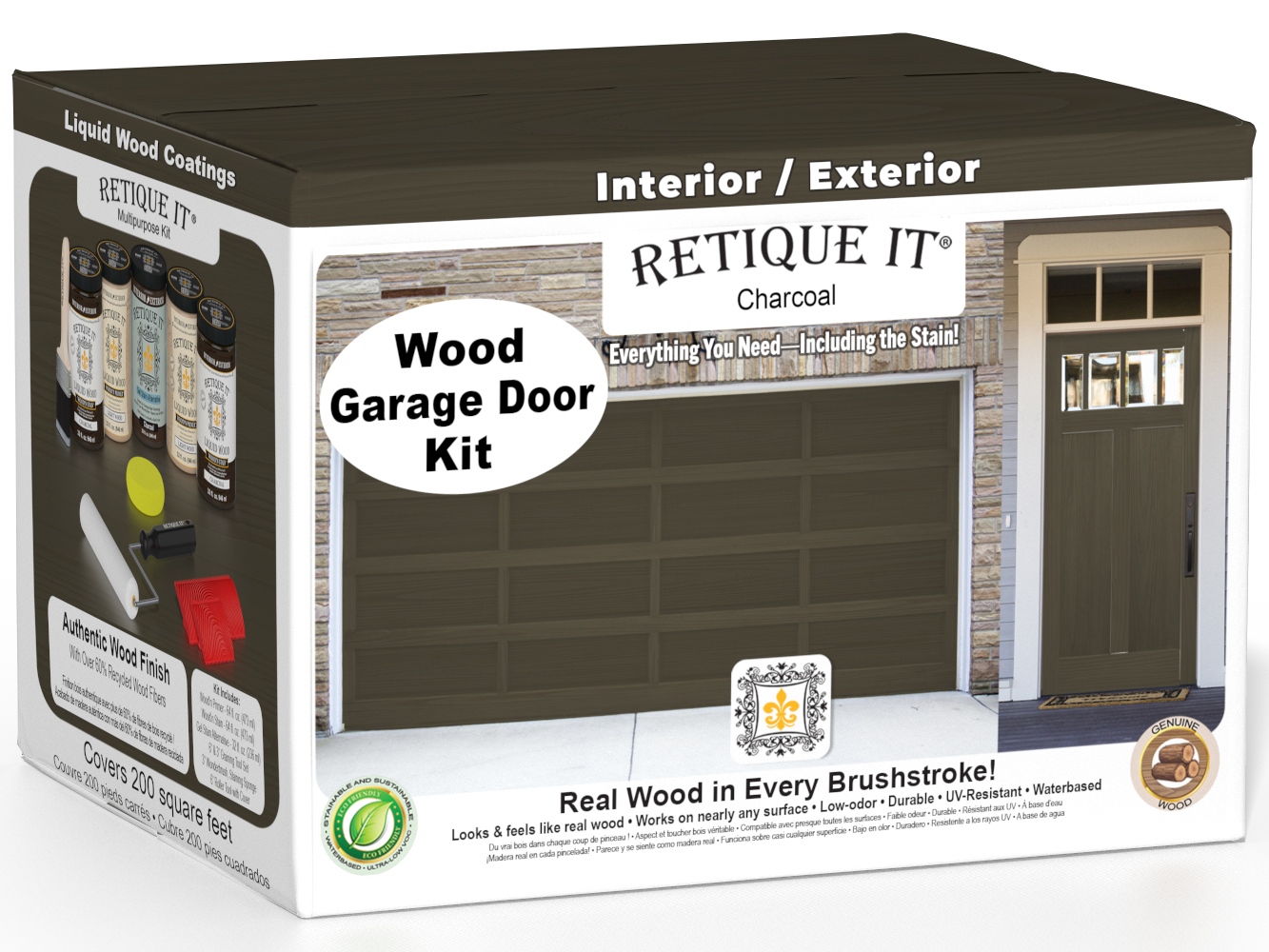 Retique It Wood'n Door Kit in Charcoal stain for front and garage doors, featuring natural wood finish and durable stain application.