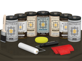 Retique It Wood'n Door Kit in Charcoal stain for front and garage doors, featuring glossy finish on a table.