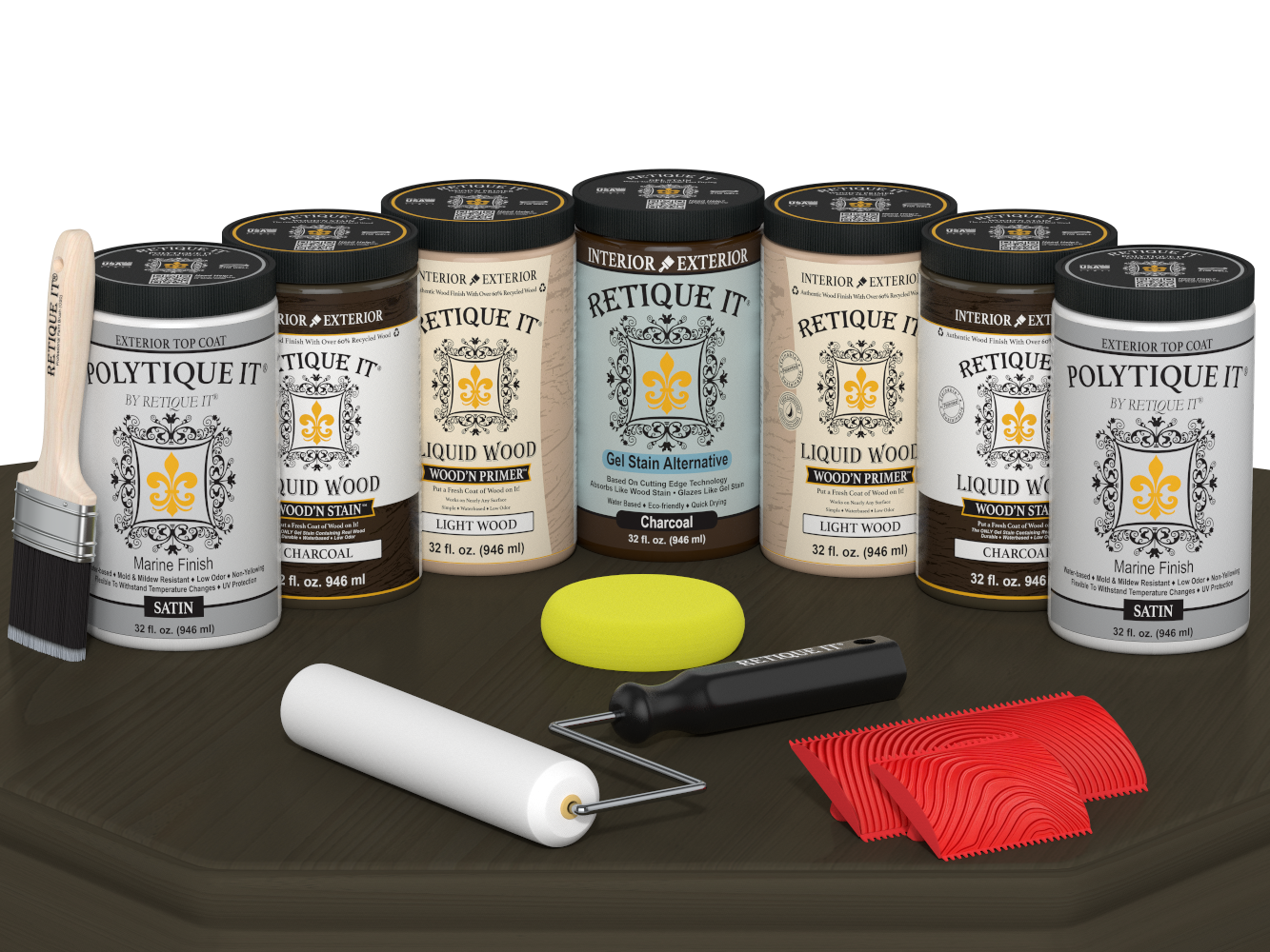 Retique It Wood'n Door Kit in Charcoal stain, includes finish for front and garage doors, satin wood stain on a table.