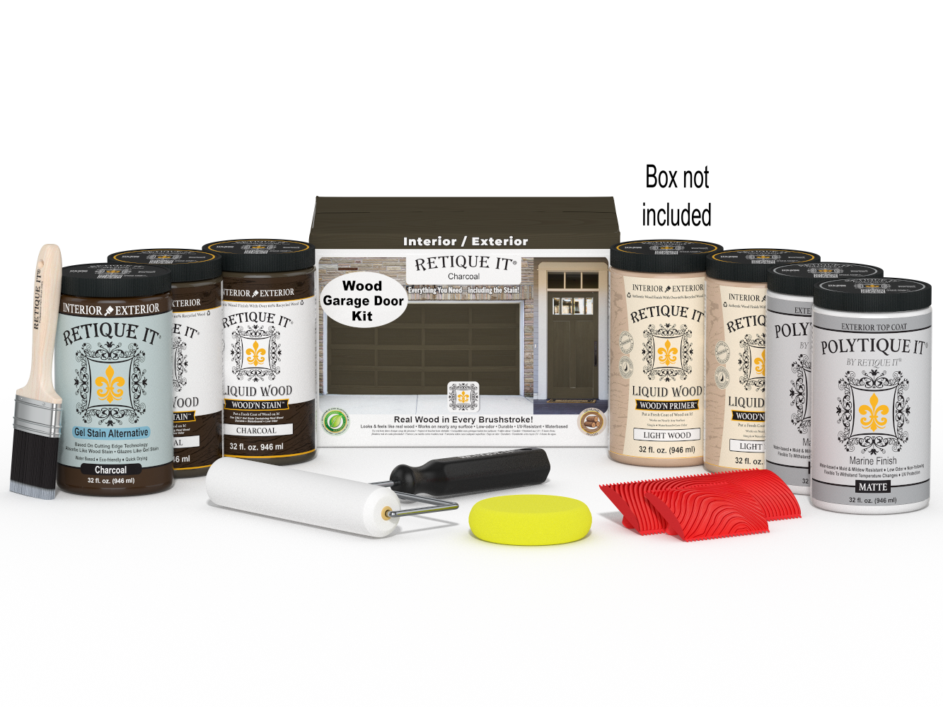 Retique It Wood'n Door Kit in Charcoal stain for front and garage doors, includes application tools and instructions.