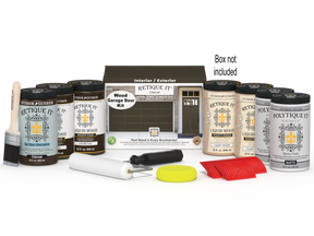 Retique It Wood'n Door Kit in Charcoal stain for front and garage doors, includes application tools and instructions.