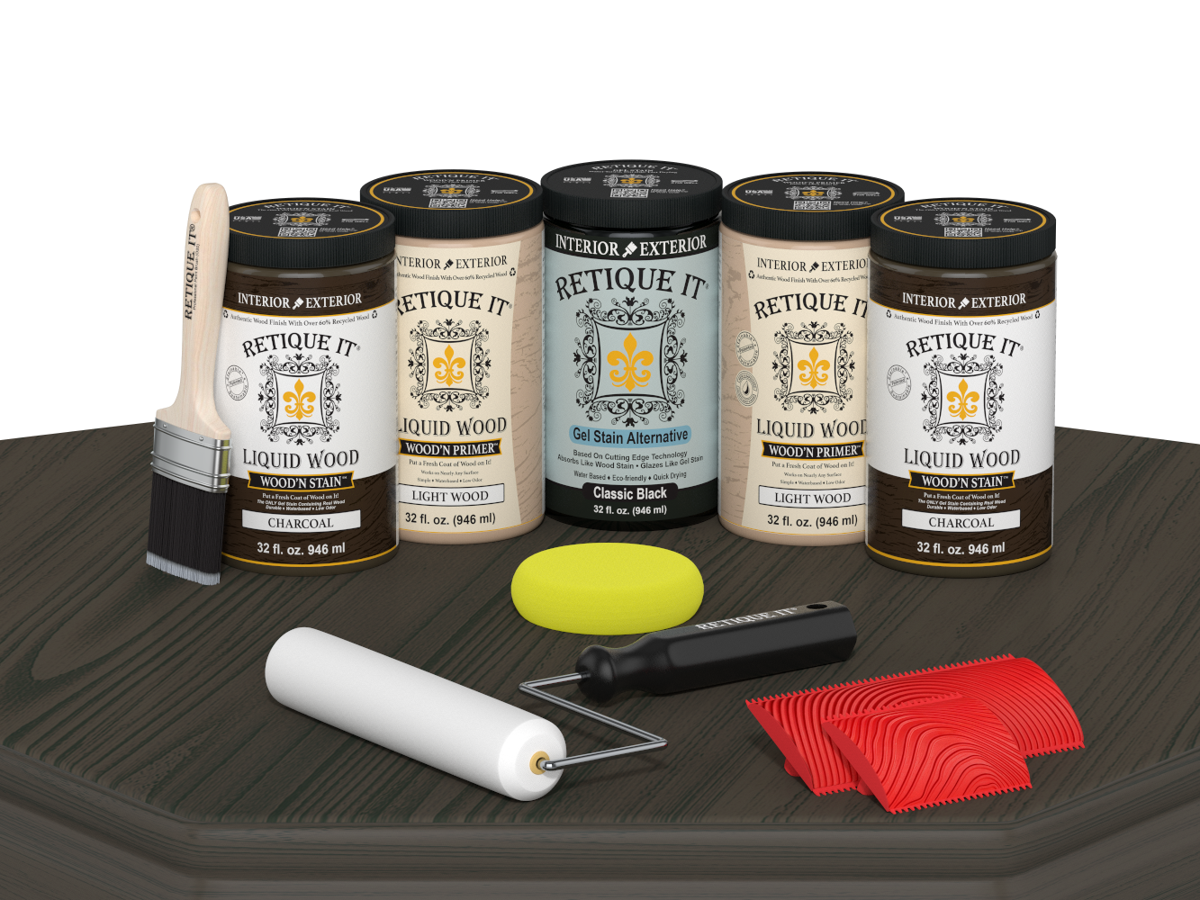 Retique It Charcoal Kit with Liquid Wood, Classic Black Gel Stain Alternative, yellow sponge, red graining tool, roller, and brush.