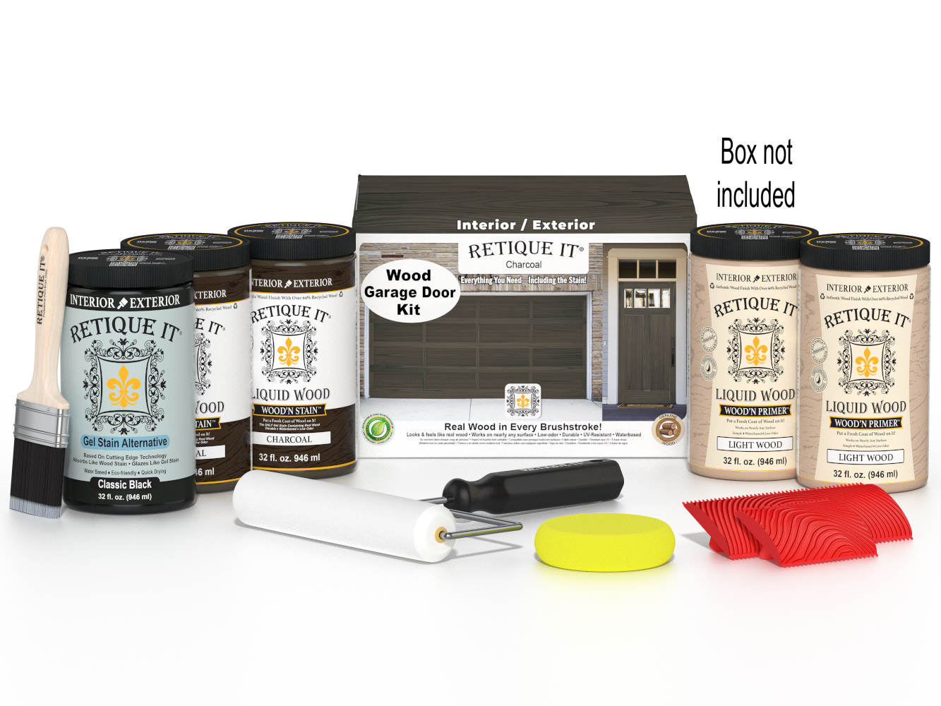 Retique It Charcoal Wood Garage Door Kit with Liquid Wood, Classic Black Gel Stain Alternative, yellow sponge, red graining tool, roller, brush, and kit box.