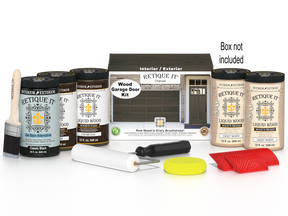 Retique It Charcoal Wood Garage Door Kit with Liquid Wood, Classic Black Gel Stain Alternative, yellow sponge, red graining tool, roller, brush, and kit box.