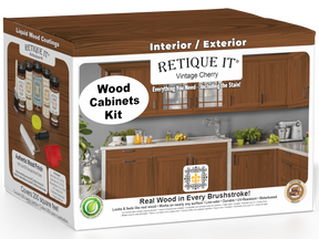 Retique It® Wood'n Cabinet Kit with 24 vintage cherry grained stain doors and cabinet panels, showcasing a warm, natural wood finish.