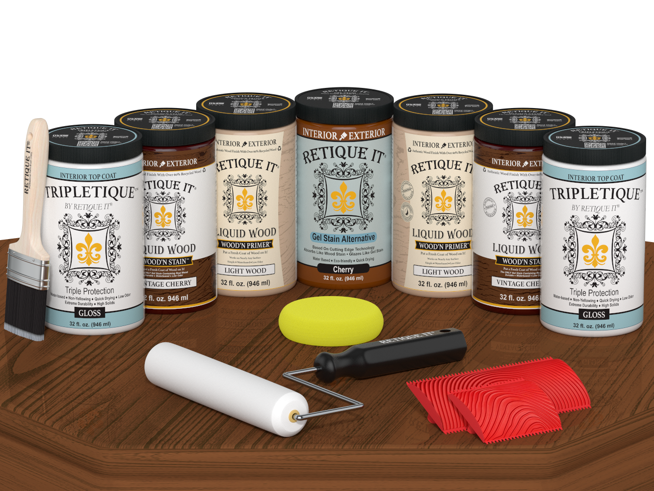 Retique It® Wood'n Cabinet Kit in Vintage Cherry stain with gloss finish, showing 24 grained cabinet doors on a table.