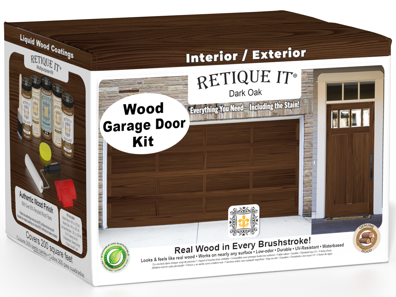 Retique It® Dark Oak Wood Garage Door Kit box featuring garage door and entry door wood finish transformation.