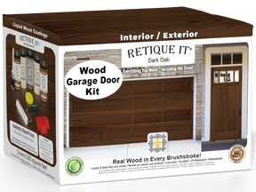 Retique It® Dark Oak Wood Garage Door Kit box featuring garage door and entry door wood finish transformation.
