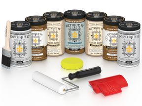 Retique It® Dark Oak Kit with Liquid Wood®, Dark Oak Gel Stain Alternative, Politique It® Satin Finish, yellow sponge, red graining tool, roller, and brush.