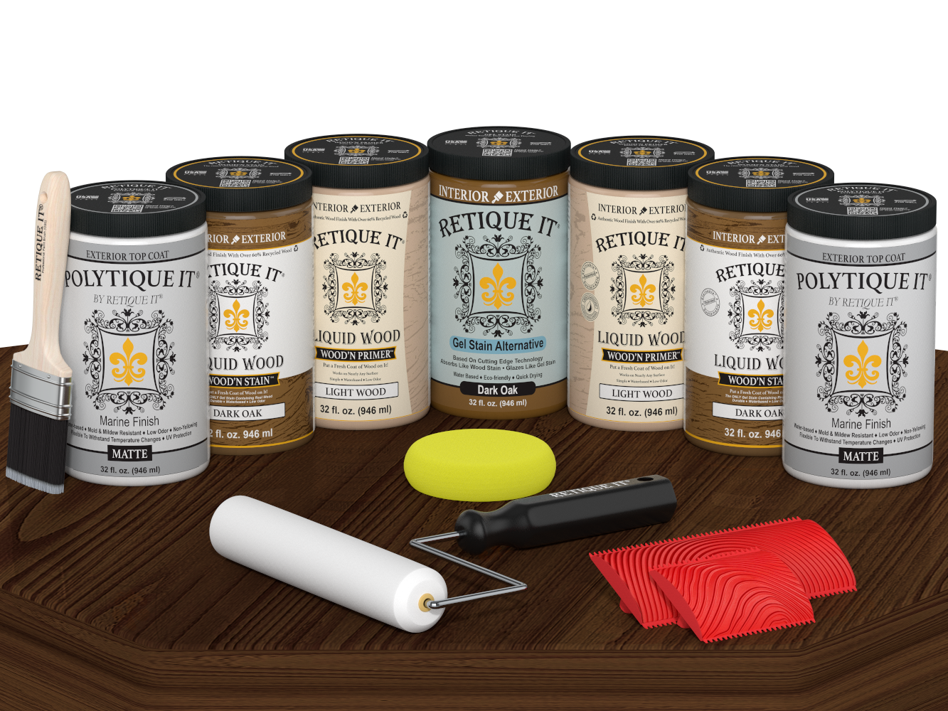 Retique It Wood'n Door Kit in Dark Oak stain for front and garage doors, matte finish displayed on a table.
