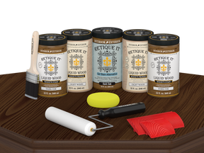 Retique It® Dark Oak Kit with Liquid Wood®, Dark Oak Gel Stain Alternative, yellow sponge, red graining tool, roller, and brush.