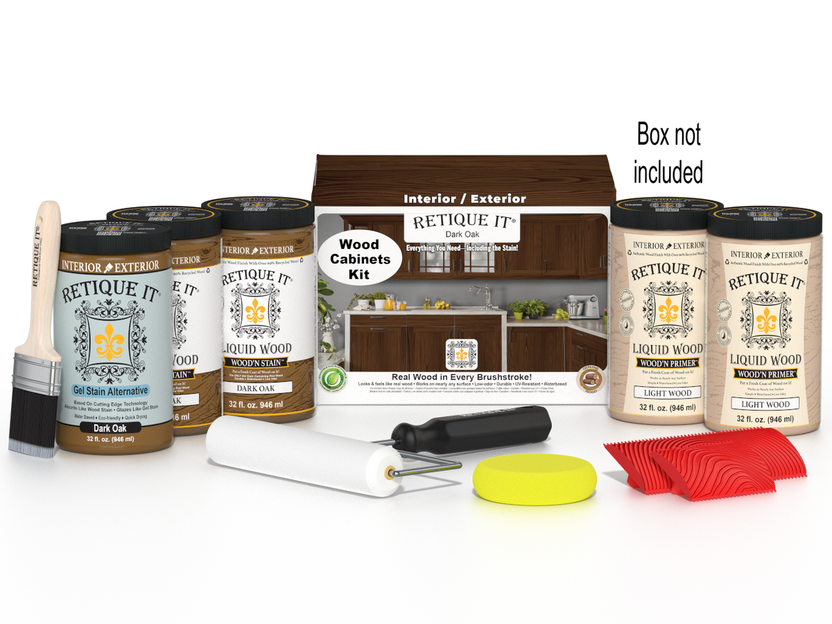 Retique It® Wood'n Cabinet Kit with 24 grained dark oak stain doors and box cabinets, showcasing natural wood grain and rich finish.