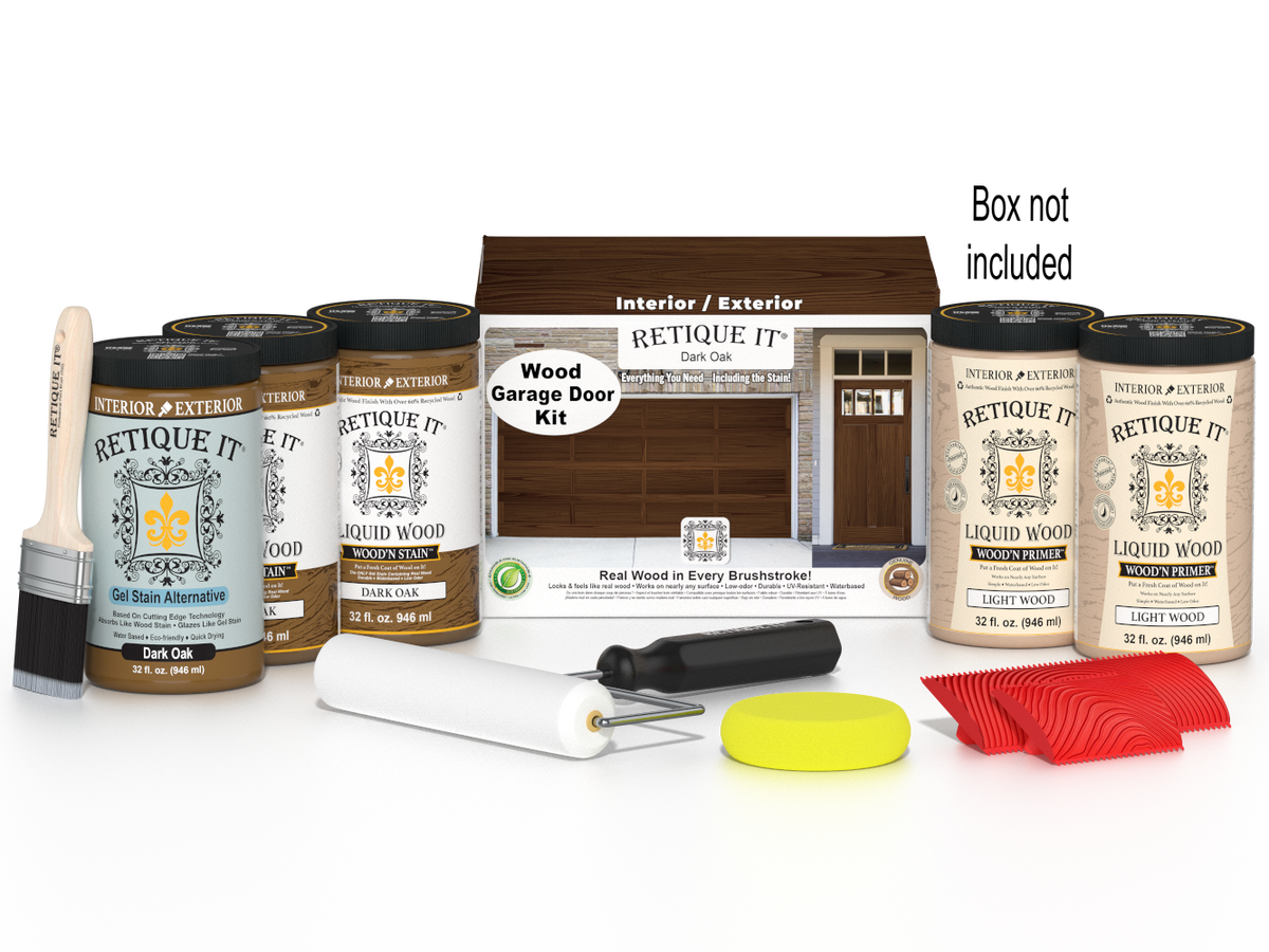 Retique It® Dark Oak Wood Garage Door Kit with Liquid Wood®, Dark Oak Gel Stain Alternative, yellow sponge, red graining tool, roller, brush, and kit box.