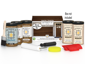 Retique It® Dark Oak Wood Garage Door Kit with Liquid Wood®, Dark Oak Gel Stain Alternative, yellow sponge, red graining tool, roller, brush, and kit box.