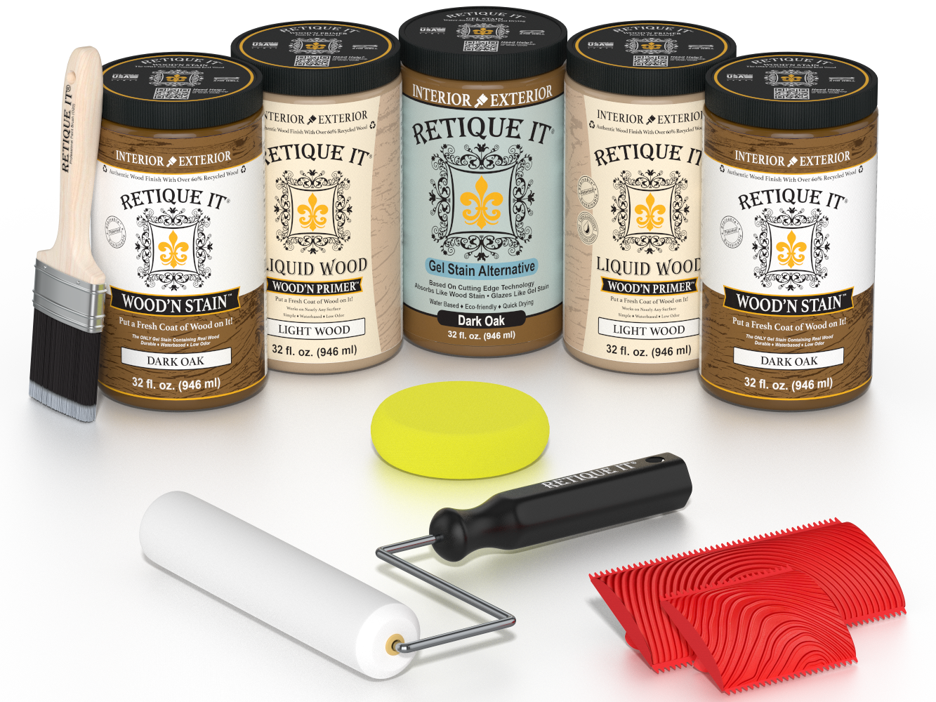 Retique It® Dark Oak Kit with Liquid Wood®, Dark Oak Gel Stain Alternative, yellow sponge, red graining tool, roller, and brush.