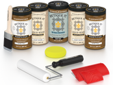 Retique It® Dark Oak Kit with Liquid Wood®, Dark Oak Gel Stain Alternative, yellow sponge, red graining tool, roller, and brush.