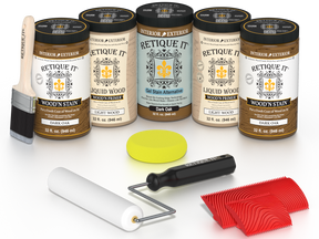 Retique It® Dark Oak Kit with Liquid Wood®, Dark Oak Gel Stain Alternative, yellow sponge, red graining tool, roller, and brush.