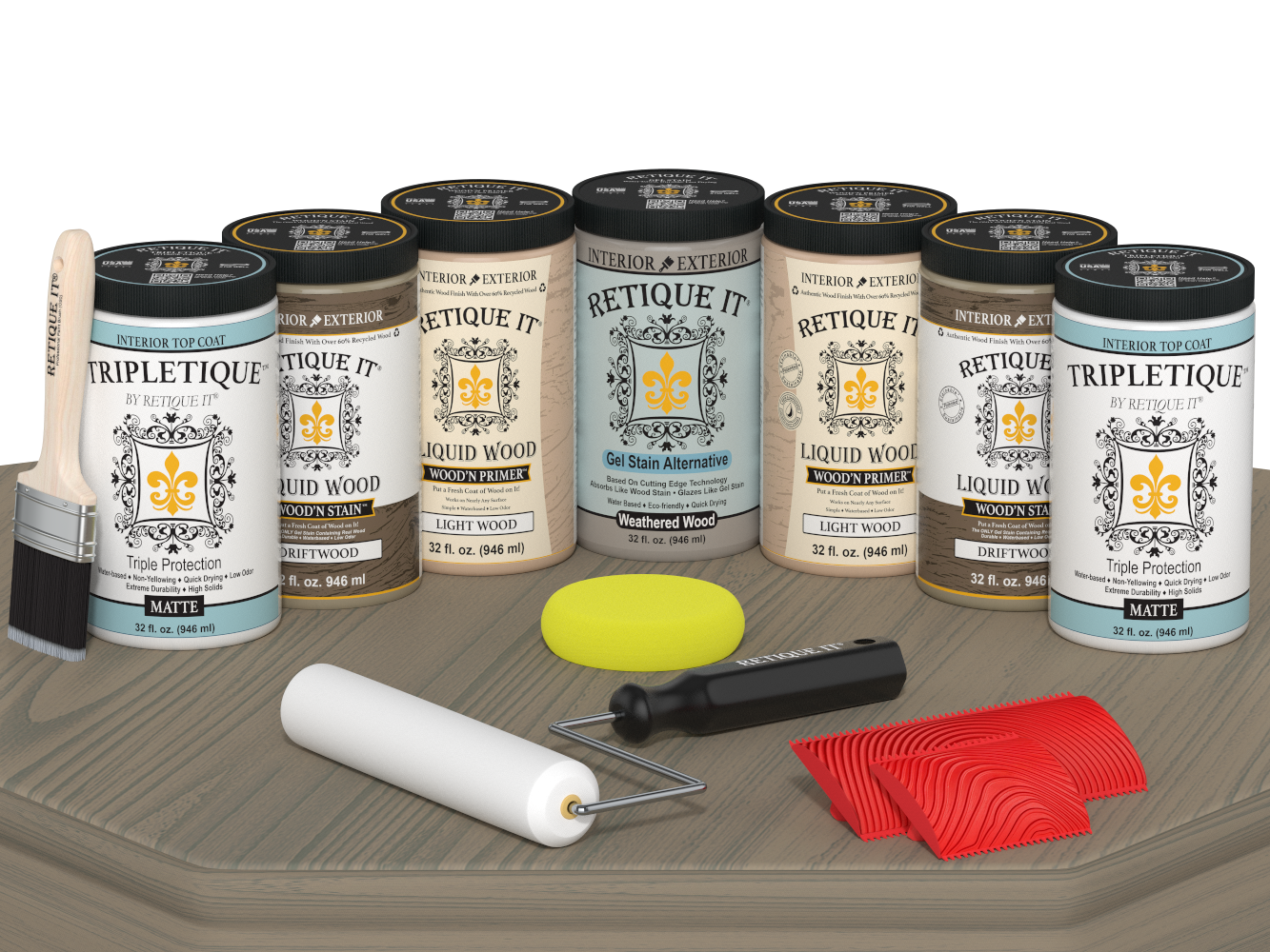Retique It® Wood'n Cabinet Kit in Drift Wood stain with 24 grained cabinet doors on a table surface.