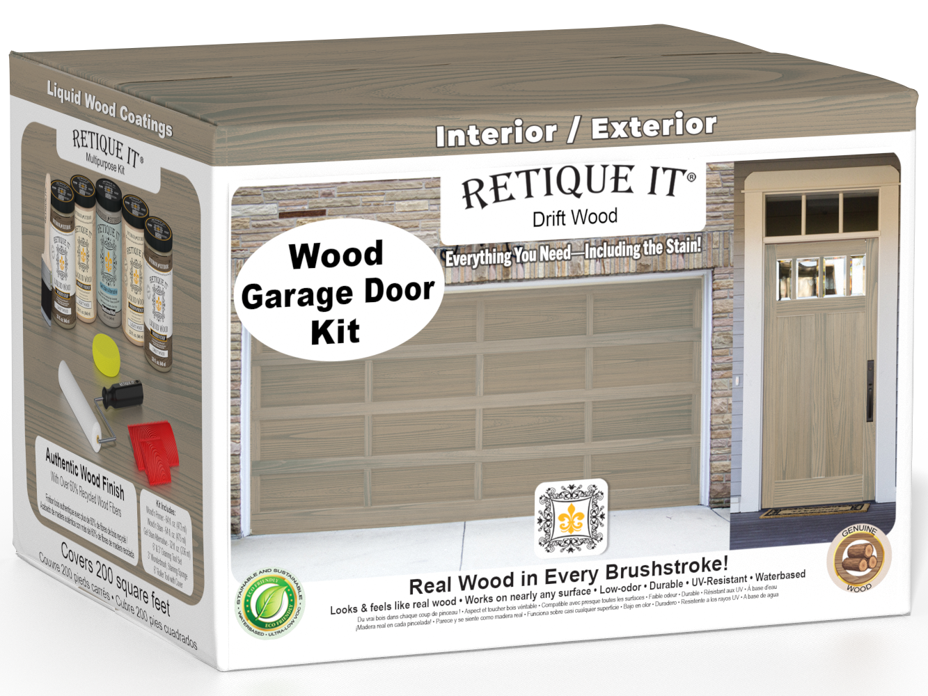 Retique It Wood'n Door Kit in Drift Wood stain for front and garage doors, featuring natural wood finish and stain application.