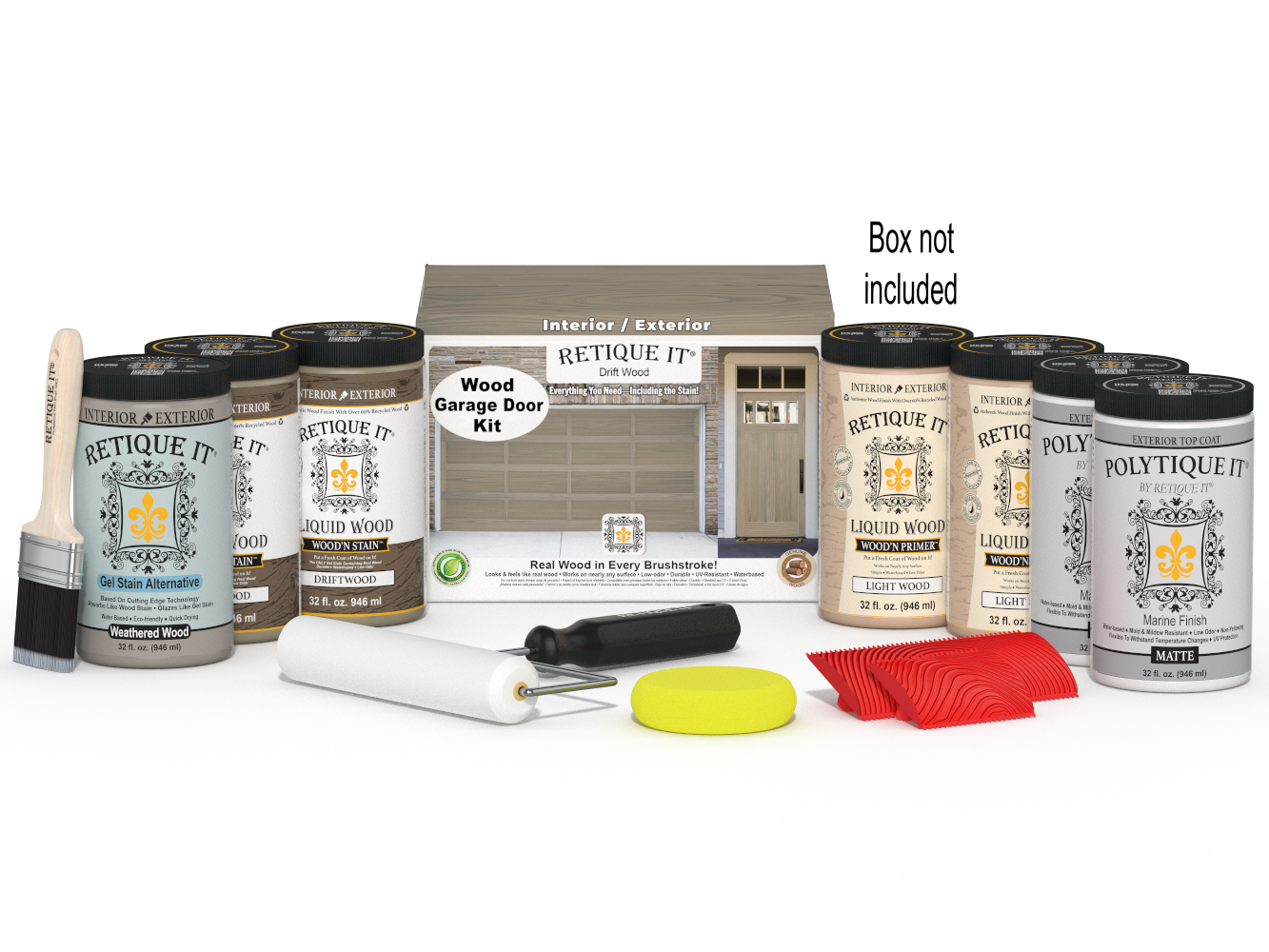 Retique It Wood'n Door Kit in Drift Wood stain for front and garage doors, includes stain and application tools.
