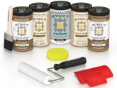 Retique It French Oak Kit with Liquid Wood, White Wash Gel Stain Alternative, yellow sponge, red graining tool, roller, and brush.