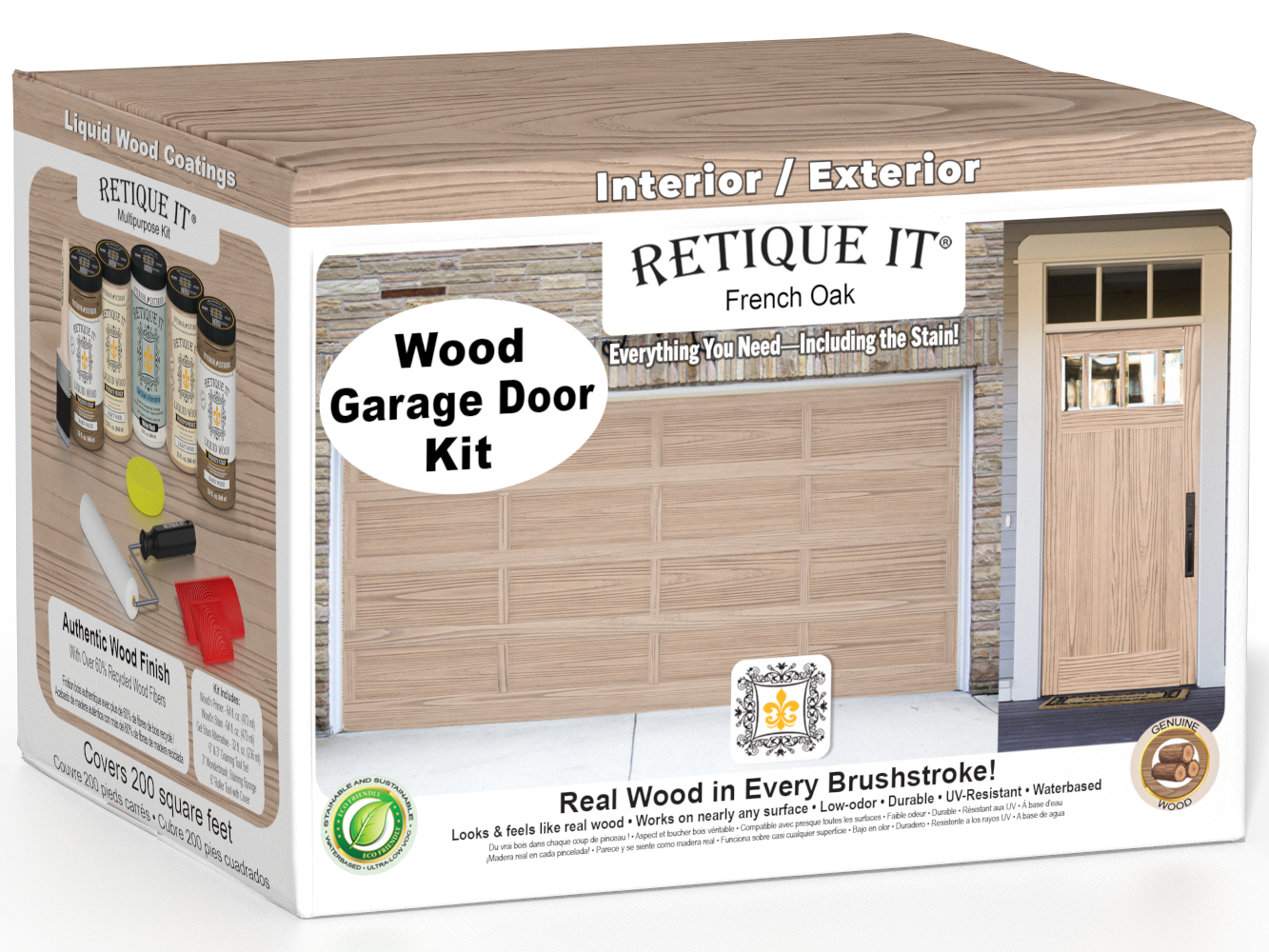 Retique It Wood'n Door Kit stain for front and garage doors in French Oak finish, showcasing a natural wood appearance.