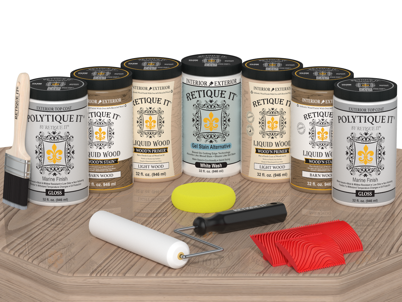 Retique It French Oak Wood'n Door Kit stain for front and garage doors, glossy finish, shown on table.