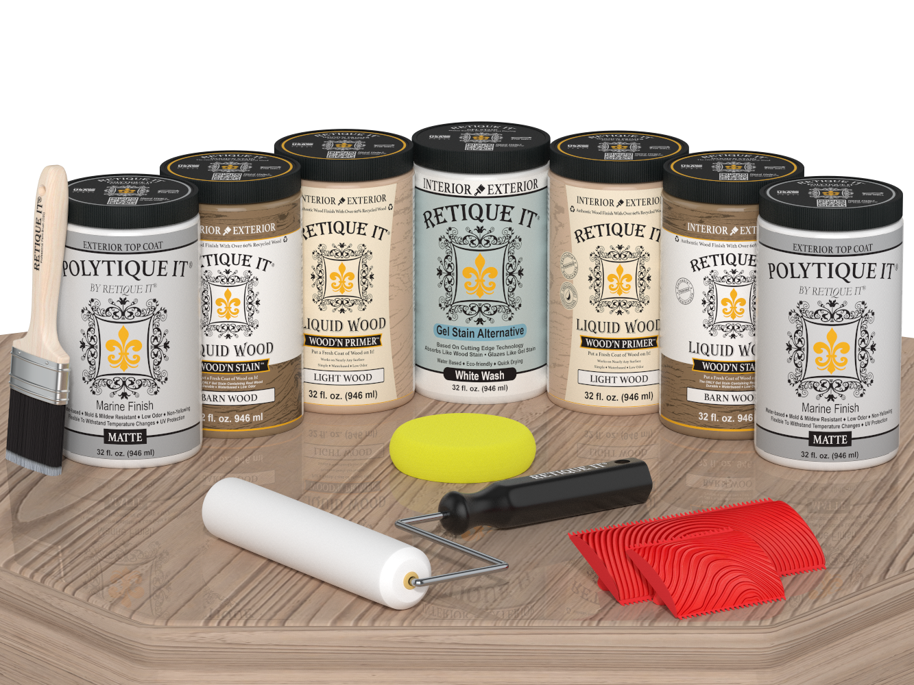 Retique It Wood'n Door Kit in French Oak stain, matte finish, for front and garage doors, showing the stain applied on a wooden surface.