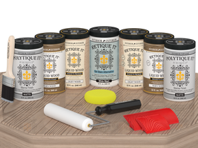 Retique It Wood'n Door Kit in French Oak stain, matte finish, for front and garage doors, showing the stain applied on a wooden surface.