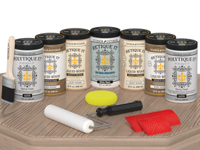 Retique It Wood'n Door Kit in French Oak stain for front and garage doors, satin finish, displayed on a table.