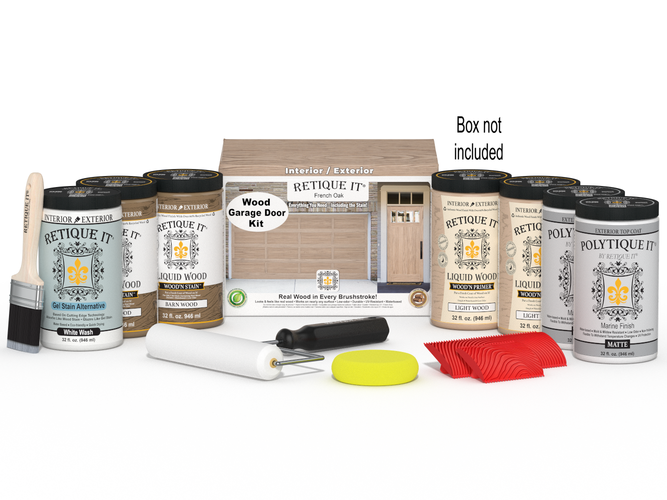 Retique It Wood'n Door Kit for front and garage doors in French Oak stain, includes stain bottles and application tools.