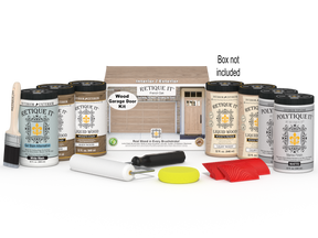Retique It Wood'n Door Kit for front and garage doors in French Oak stain, includes stain bottles and application tools.