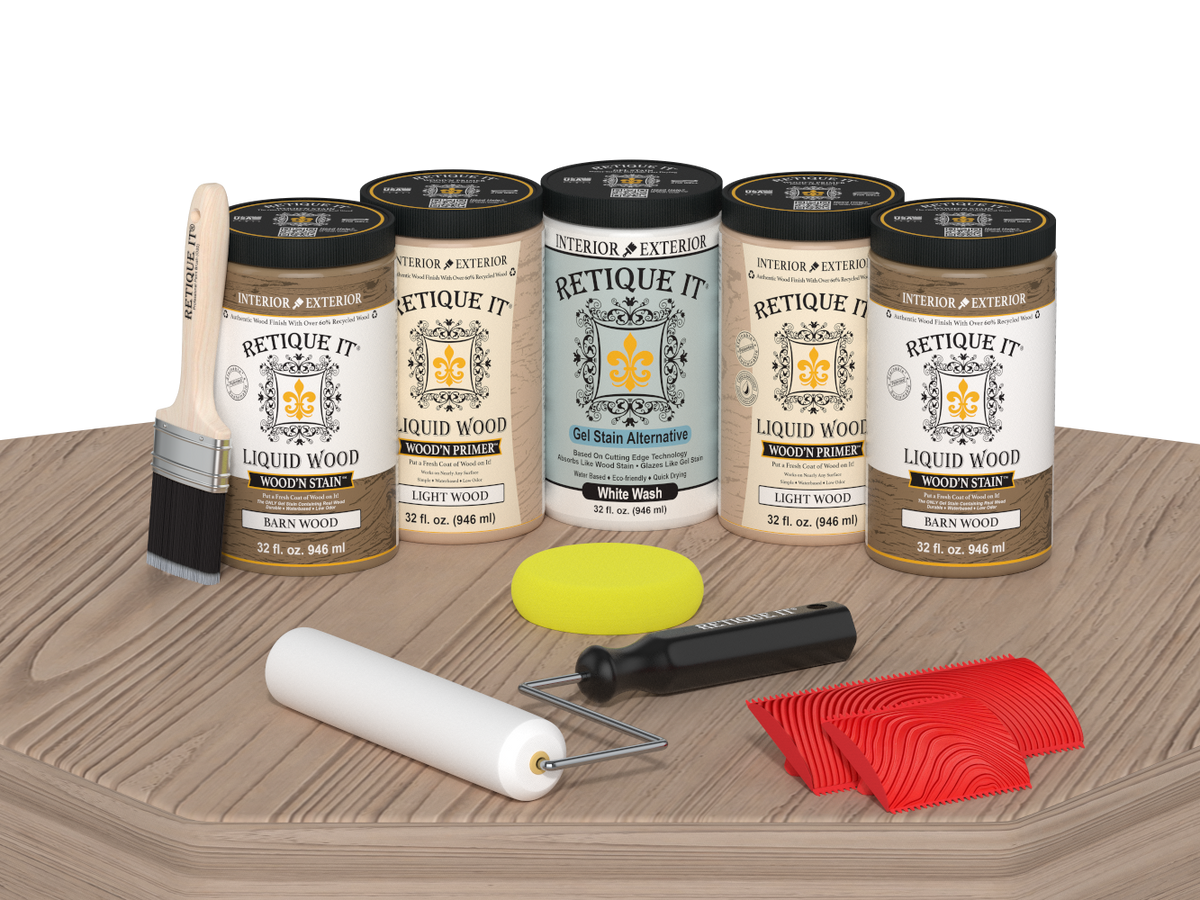 Retique It® French Oak Kit with Liquid Wood®, White Wash Gel Stain Alternative, yellow sponge, red graining tool, roller, and brush.