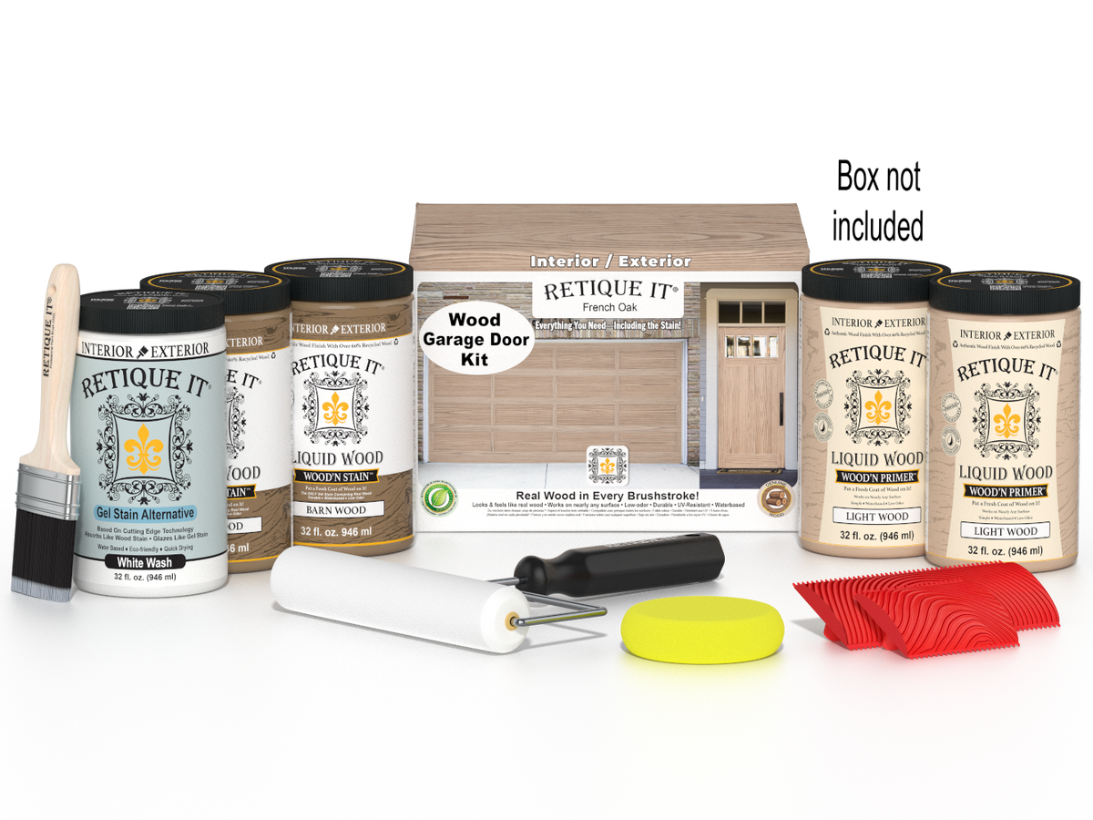 Retique It® French Oak Wood Garage Door Kit with Liquid Wood®, White Wash Gel Stain Alternative, yellow sponge, red graining tool, roller, brush, and kit box.
