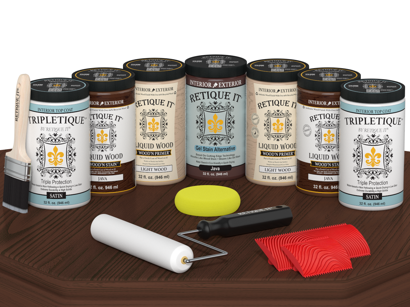 Retique It® Wood'n Cabinet Kit Java stain with 24 grained cabinet doors, satin finish, shown on a wood table.