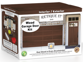 Retique It Wood'n Door Java stain kit for front and garage doors, featuring natural wood finish with stain application tools.