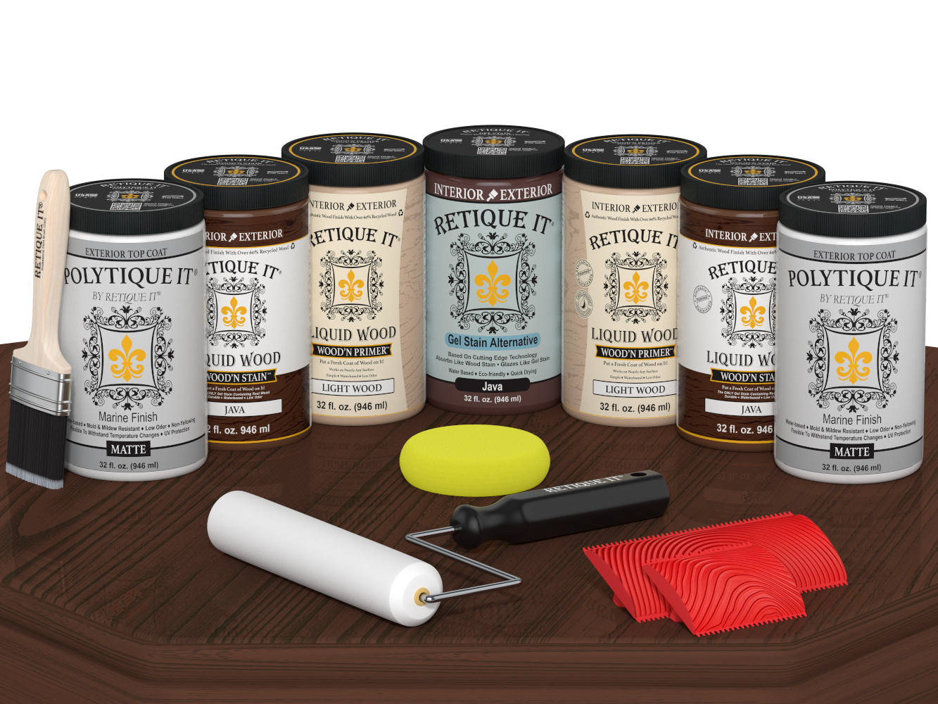 Retique It Wood'n Door Kit Java stain for front and garage doors, matte finish, shown on a wooden surface.